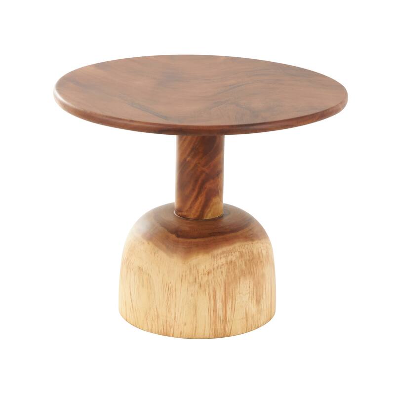 Brown Wood Handmade Side End Accent Table with Cylinder Block Base
