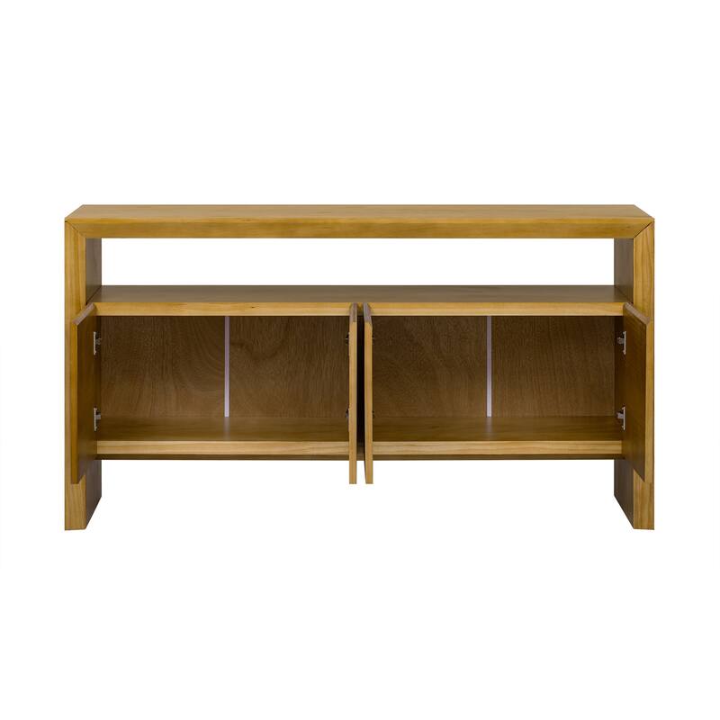 60" 4-Door Sideboard, Modern Minimalist Solid Wood Veneer Sideboard with Open Shelf, Natural Wood Grain