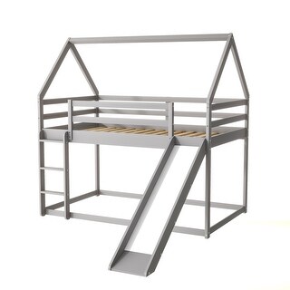 Gray Twin Size Bunk Bed Wood House Bed with Convertible Slide and ...