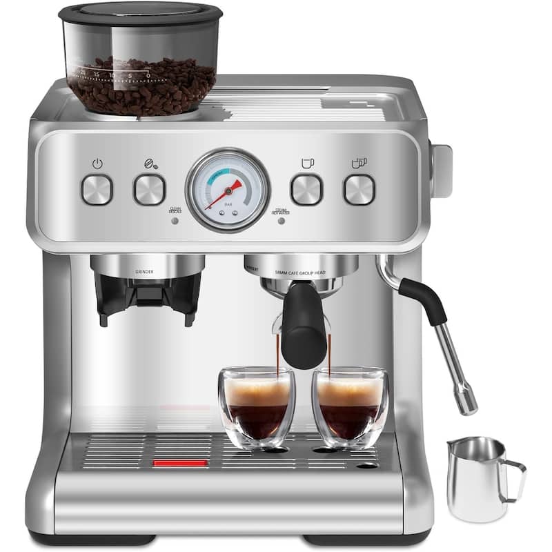Semi-automatic Coffee Machine with Intelligent Temperature Control and Hot Water Function, 30 Grinding Settings - Stainless Steel