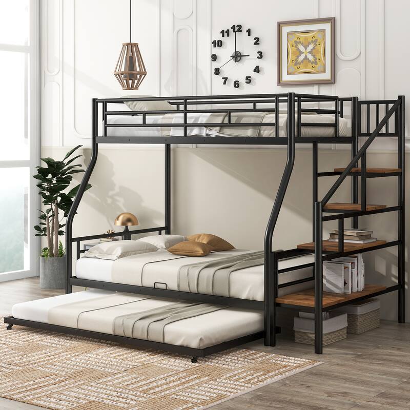 Twin Over Full Metal Bunk Bed with Trundle, Storage Staircase, and Guardrail
