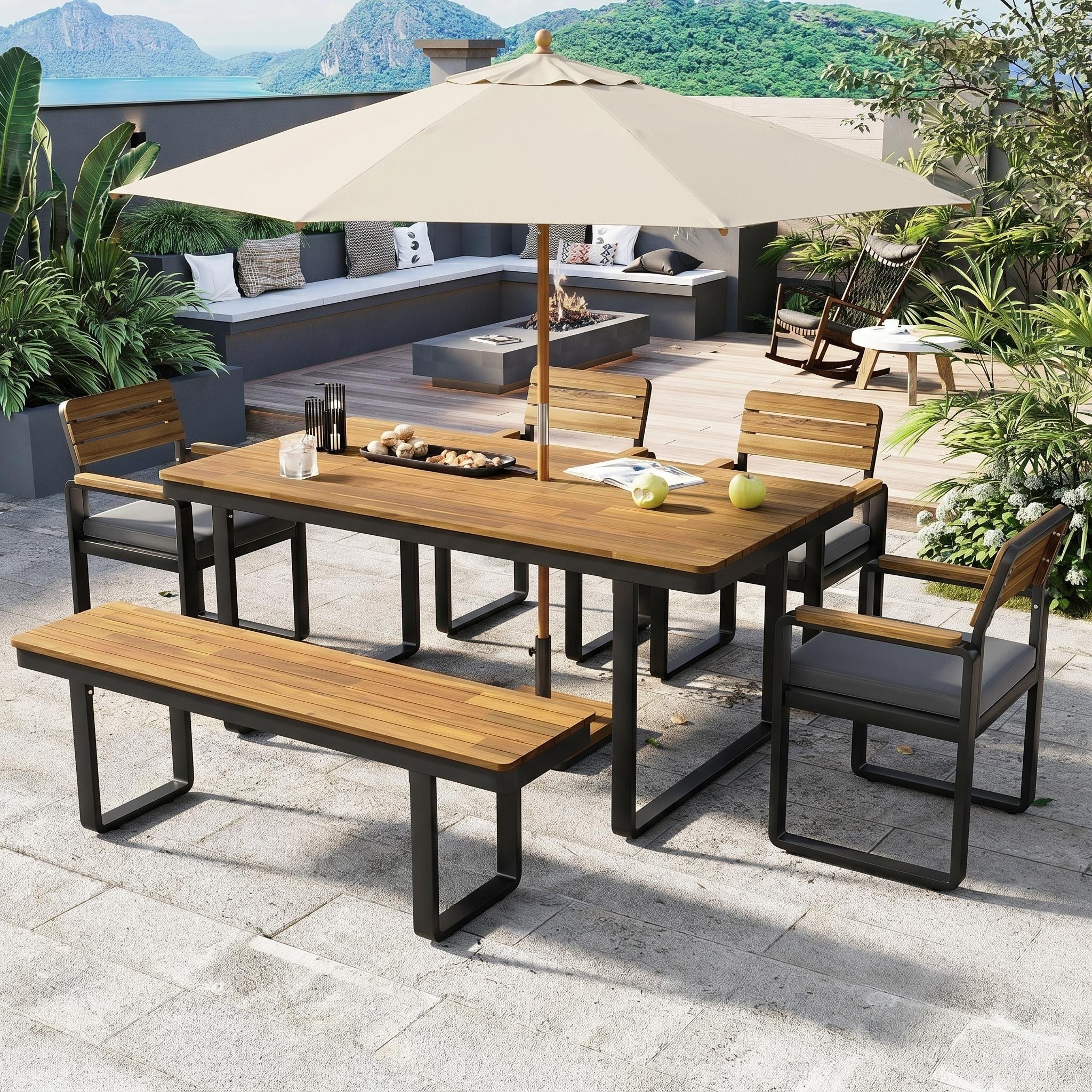 6-Piece Weather Resistant Acacia Wood Dining Set with Cushioned Chairs, Bench & Adjustable Feet for Patio Backyard