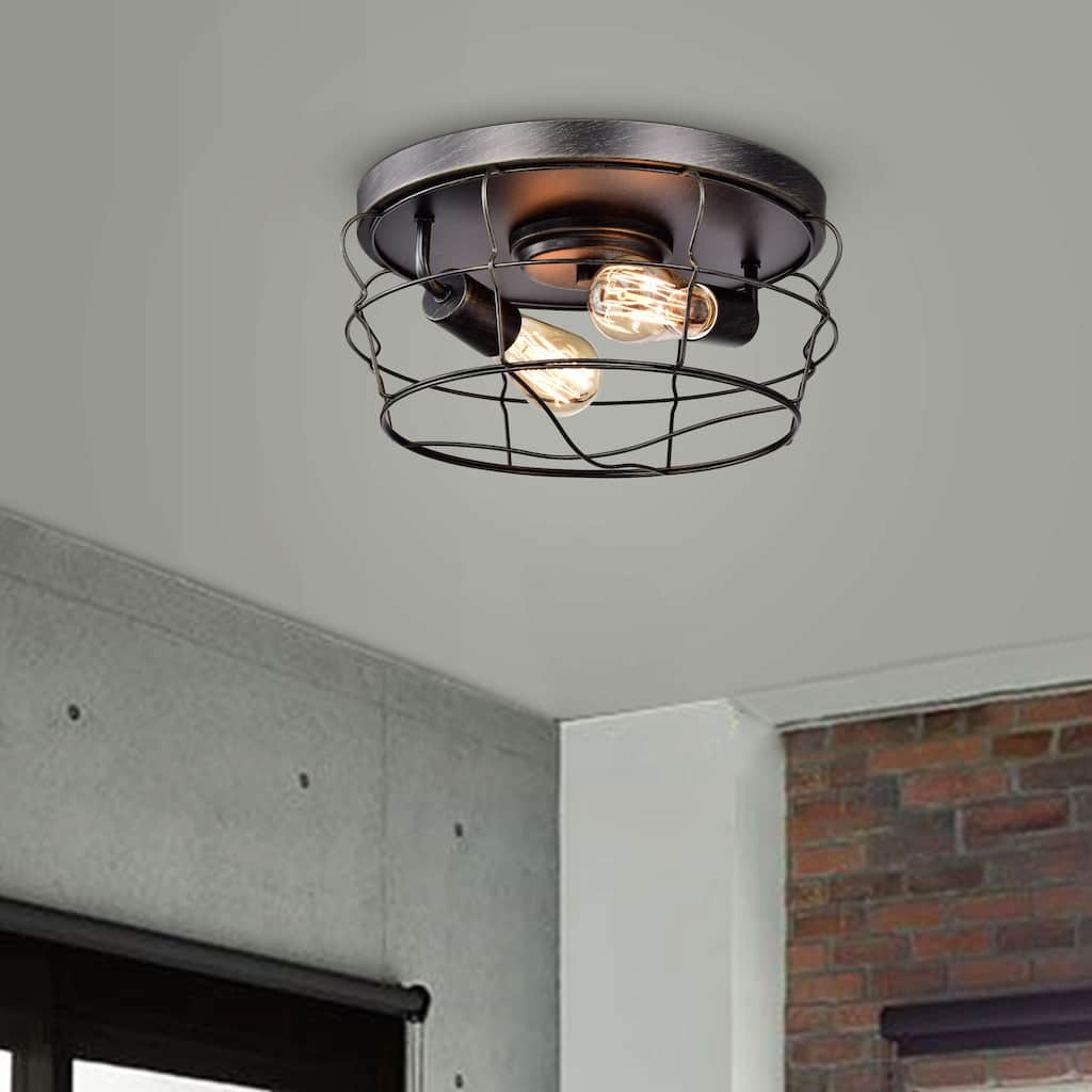Cecilia 2-light Antique Black Industrial Cage Flush Mount