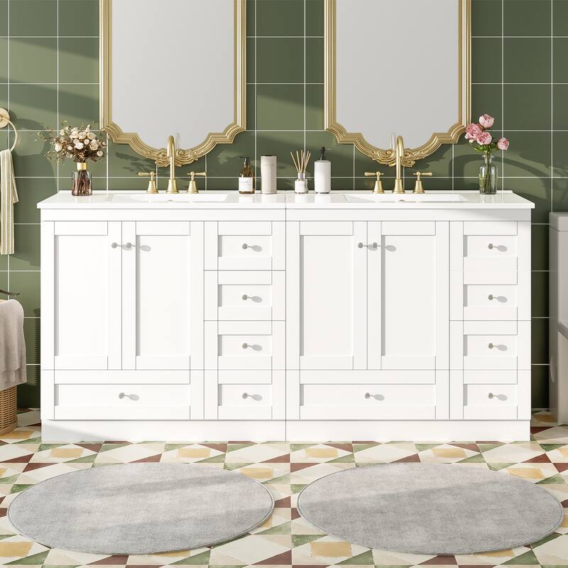 2-Piece Bathroom Vanity Set with Sink, Free-Standing 72" Bathroom Vanity Cabinet with Double Ceramic Sink
