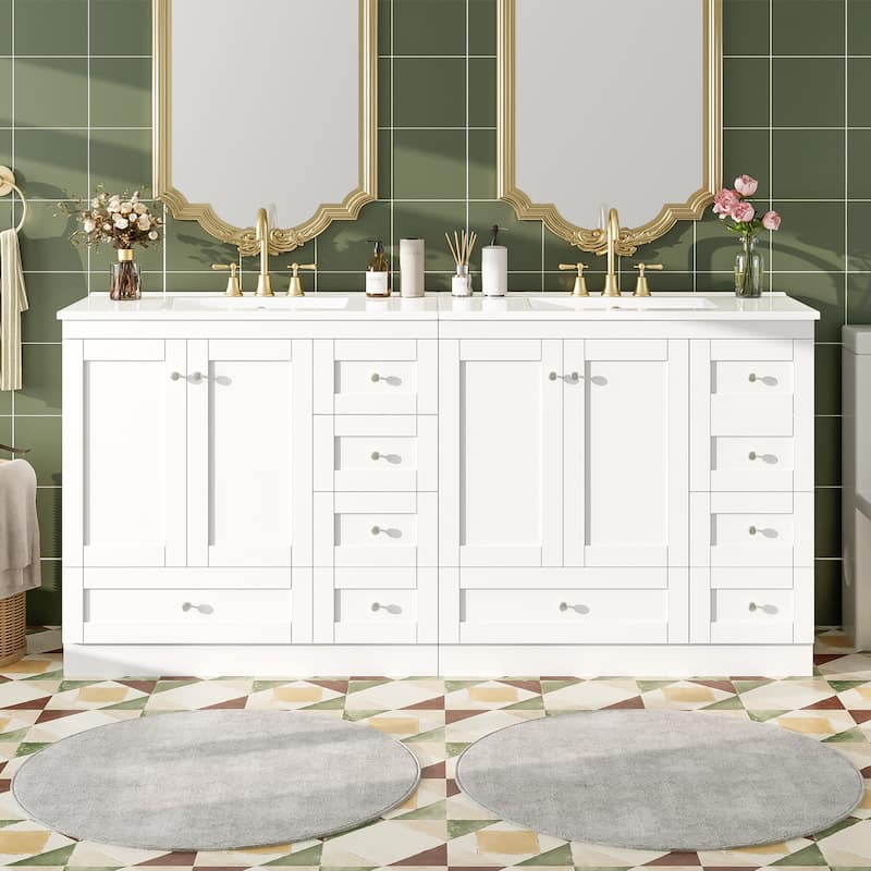 Roomfitters Shaker Style 72" Freestanding Bathroom Vanity Cabinet with Ceramic Sink, Soft-Close Doors and Drawers - White