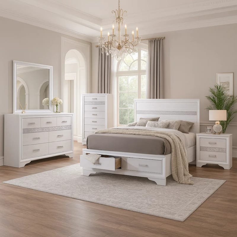 Vino White 5pc California King Bed Set with Dressers, Glitter Accent