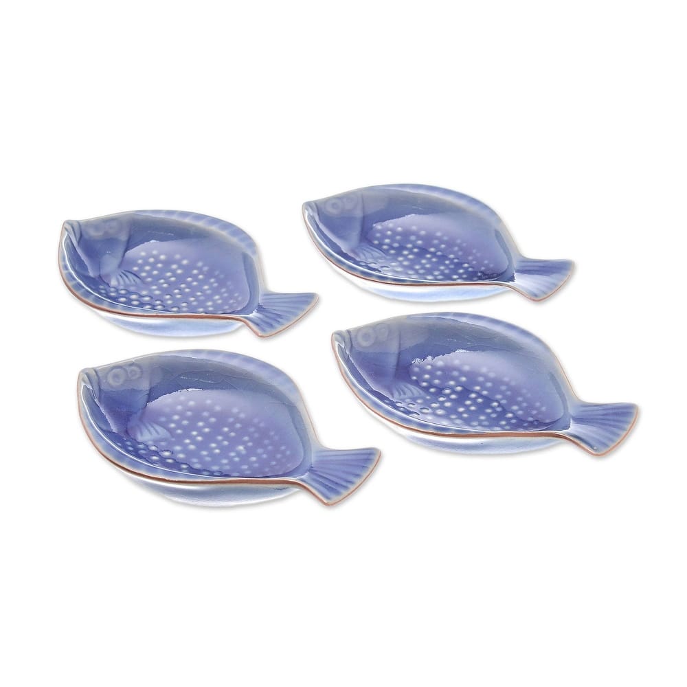 Handmade Festive Fish Ceramic Appetizer Bowls, Set of 4 (Thailand) - 0.9" H x 4.9" W x 3.3" D