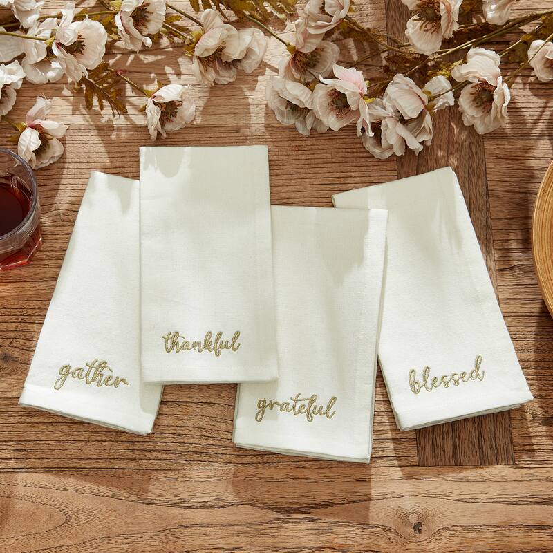 Harvest Sentiment Embroidered Napkins, Set of 4 - Ivory