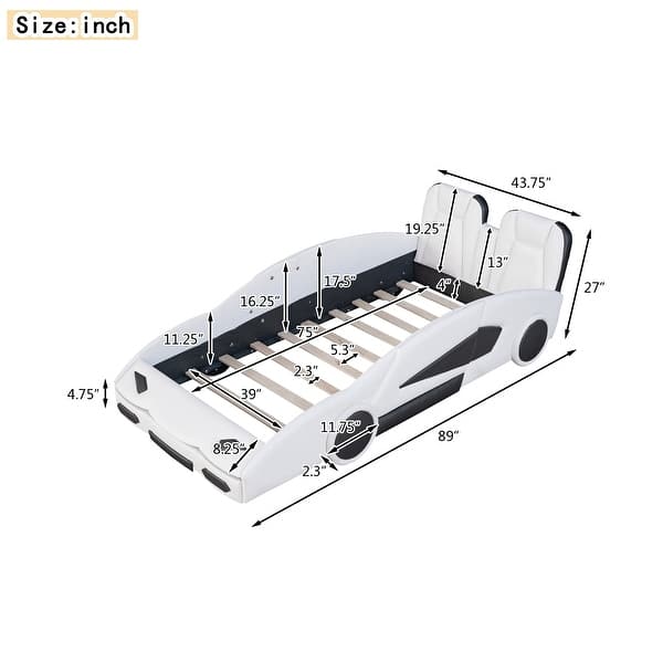 dimension image slide 1 of 2, Twin Size Race Car-Shaped Platform Bed