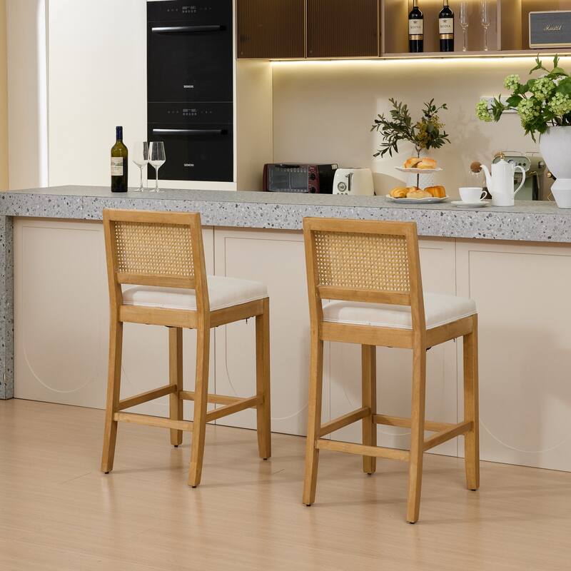 Linen Upholstered Full Solid Wood Bar Stools Set of 2, Bar Stool with Rattan Back, Breakfast Bar Chairs with Footstool