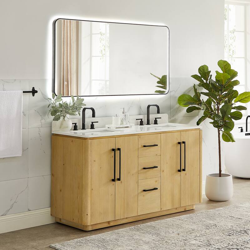 Serene Bathroom Vanity in Nature Brown with Grain White Engineered Stone Countertop with Mirror