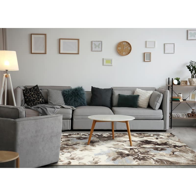 Charlotte Collection - Brown/ Cream Watercolor Flowers Area Rug