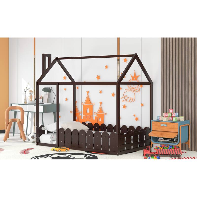 Playful Twin Wood Bed Frame with House Design, Fence, and Cozy Sleeping Space for Children