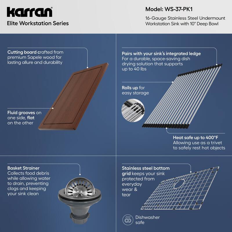 Karran 32" Undermount Large Single Bowl Stainless Steel Workstation Sink