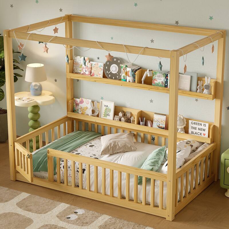 Montessori-Inspired Design Canopy Bed Kids Solid Wood Floor Bed Frame with Built-in Storage Shelves and Child-Safe Guardrails