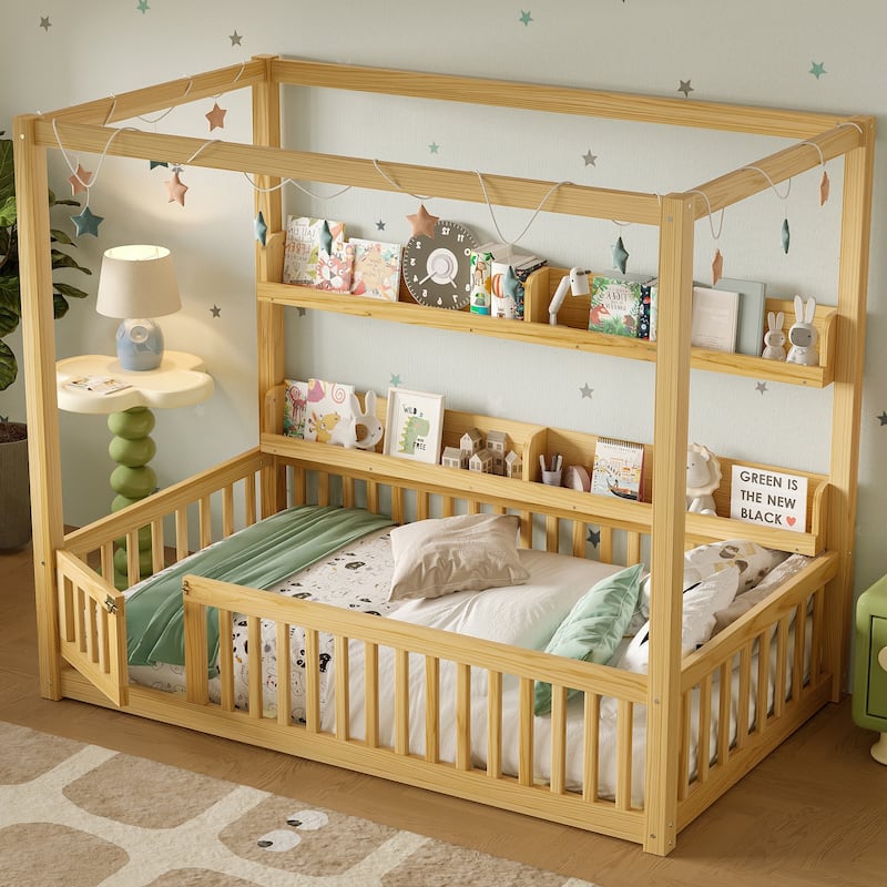 Twin Size Canopy Bed with Guardrails, Solid Wood Floor Bed with Shelves, Montessori Floor Bed Frame, No Spring Box Needed