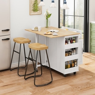 Rolling Kitchen Island on Wheels, Drop Leaf Kitchen Cart with Seating, Breakfast Bar Set with 2 Bar Stools and Wine Storage