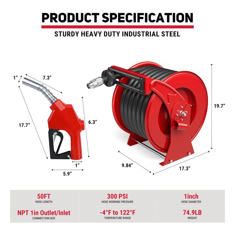1“ x 50ft Diesel Fuel Hose Reel Retractable with Fuel Nozzle, 1 Inch Fuel Transfer Pump Hose, Auto Swivel Rewind