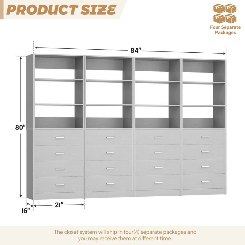 Freestanding Closet Organizer with 4 Drawers and 4 Shelves, Wooden Closet System for Walk-in Closet