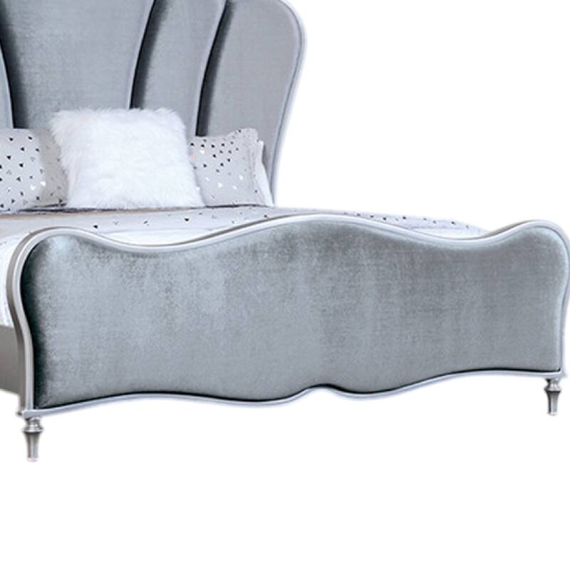 Eleena King Bed, Scalloped Padded Channel Tufting, Silver Upholstery
