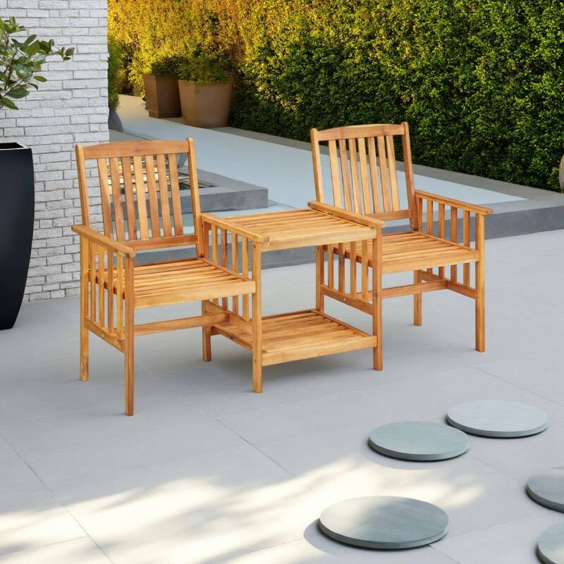 3pc Outdoor Patio Chairs w Attached Table, Slatted Solid Acacia Wood