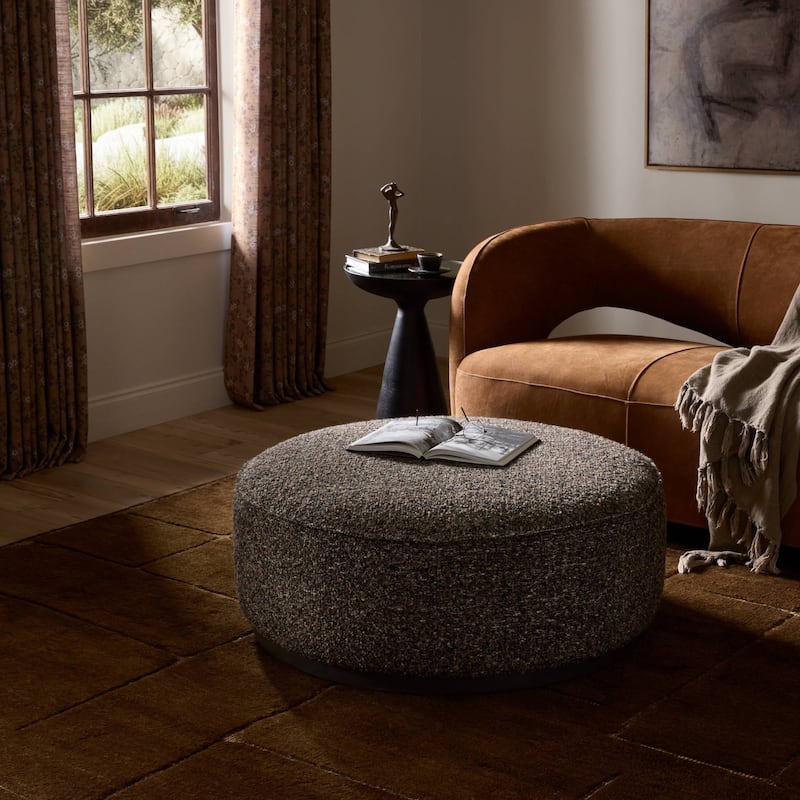 Ralphy Large Round Ottoman-Dark Hair on Hide - Ivan Granite