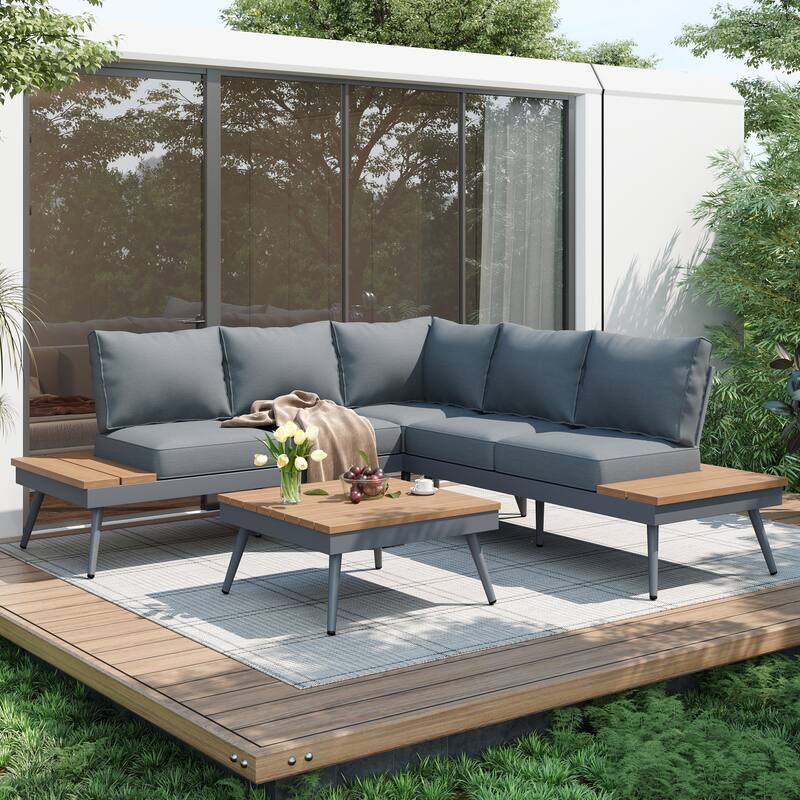 Outdoor L Shaped 4 Piece Aluminum Patio Sectional Sofa Set with Side Table and Coffee Table