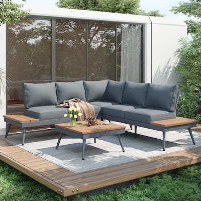 Outdoor Seating Group L-shape Sectional Couch with Side Table & Coffee Table, All-Weather Patio Furniture Set with Thick Cushion