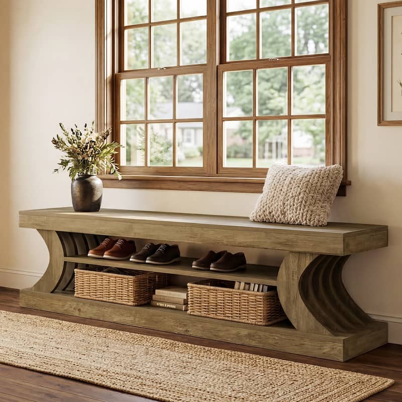 63" Entryway Bench, End of Bed Bench with Open Shelves, Shoe Storage Bench for Bedroom, Foryer, Hallway