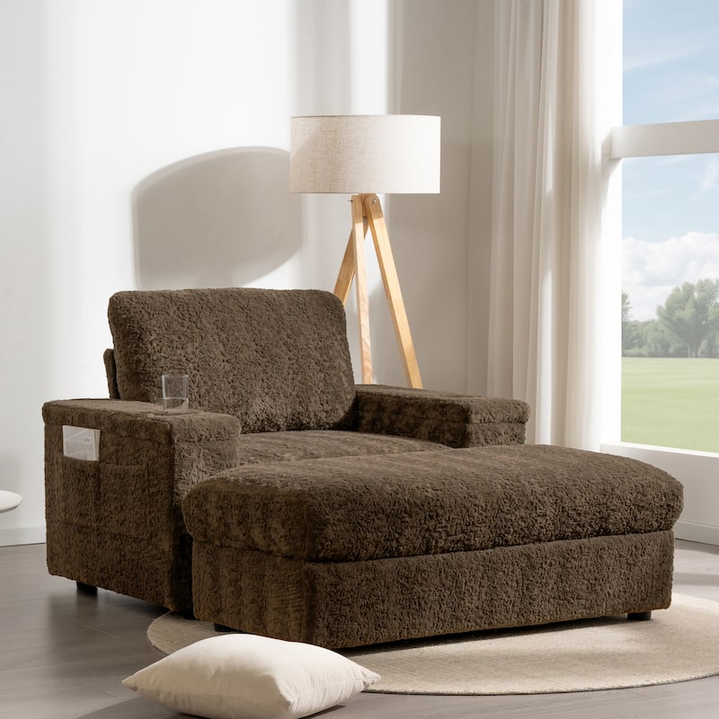 Roomfitters Oversized Chaise Lounge Sofa Bed with Ottoman, Faux Fur Sleeper Chair with Cup Holders