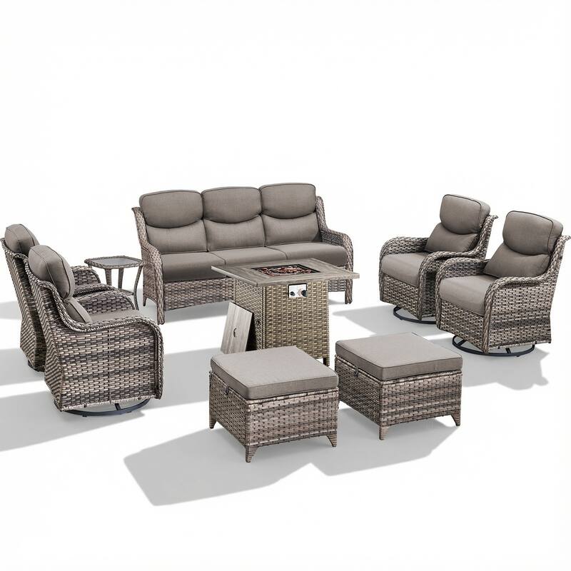 Pocassy Outdoor Propane Fire Table w/ Sofa Swivel Chair Ottoman Funiture Set.