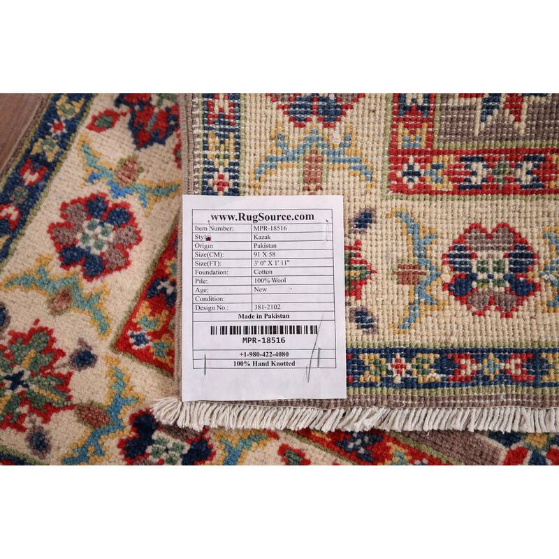 Traditional Kazak Oriental Foyer Rug Hand-Knotted Wool Carpet - 1'11" x 3'0"