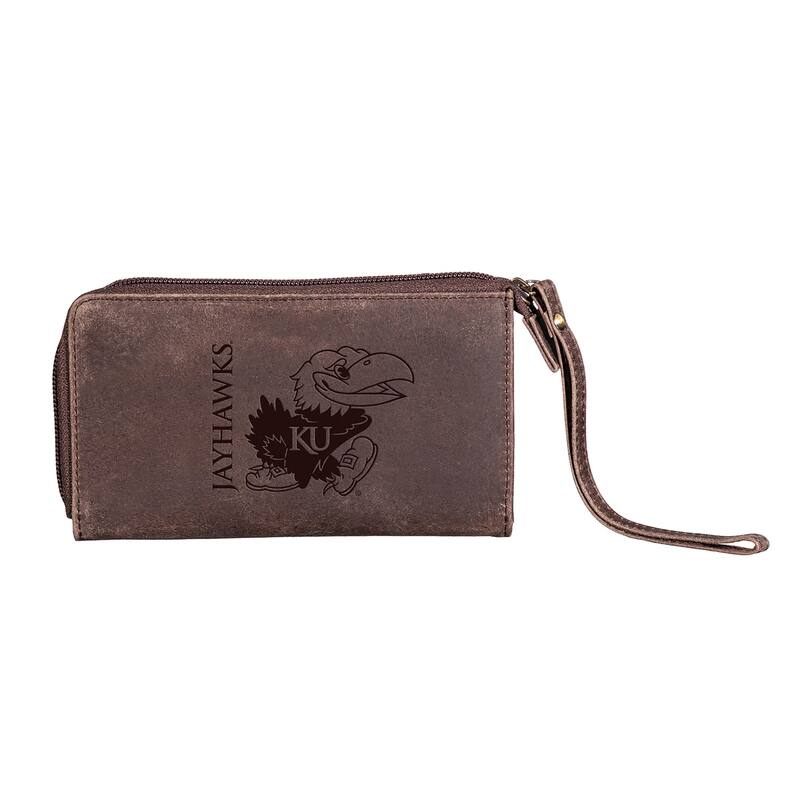 Brown Leather Cell Phone Wristlet Wallet, University of Kansas - 4" x 7"
