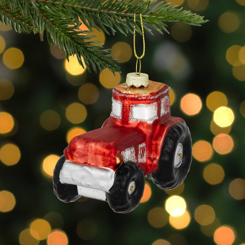 Tractor Glass Christmas Ornament - 3.5" - Red and Gold - 2.75"