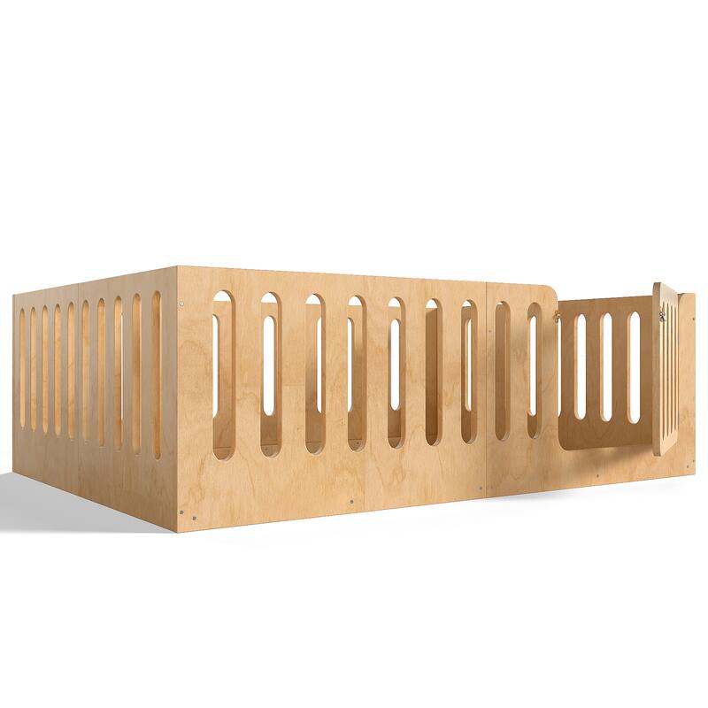 Queen Size Floor Bed with High Fence for Kids, Solid Wood Kids Montessori Bed with Door, No Box Spring Needed Design