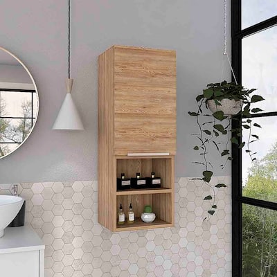 Wall Mount Bathroom Storage Cabinets, Pine Finish Bathroom Vanity Cabinet with 2 Enclosed Cupboard and Open Medicine Cabinet