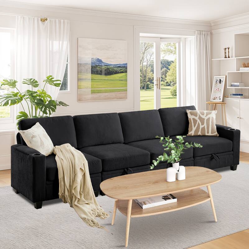 Chenille Sectional Sofa, Hidden Storage & Modular Design