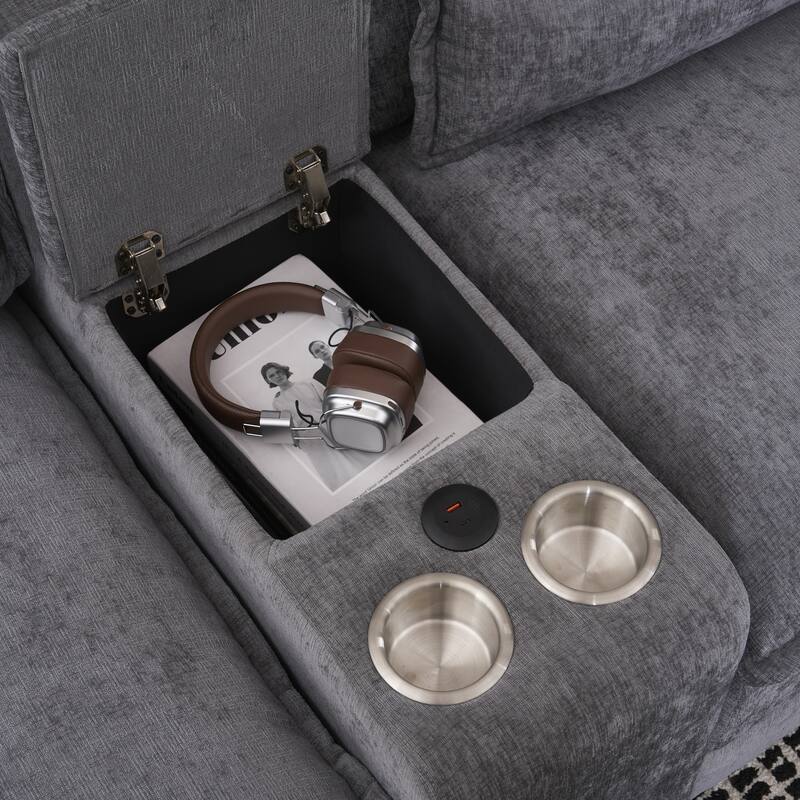 Chenille U-shaped Sectional Sofa with Double Chaise Lounge, Storage Console, Built-in USB Ports, Cup Holders and Armrest Pillows