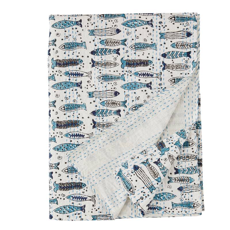 Melange Hand Stitched Kantha Block Print Fish Coverlets and Shams - Throw - Twin - 1 Piece