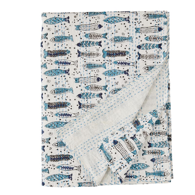 Melange Hand Stitched Kantha Block Print Coverlets and Shams - Fish Throw - Twin - 1 Piece