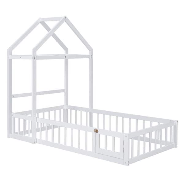 slide 2 of 85, Wooden Toddler Floor Bed Frame w/Detachable & Clothes Drying Rack White - Twin
