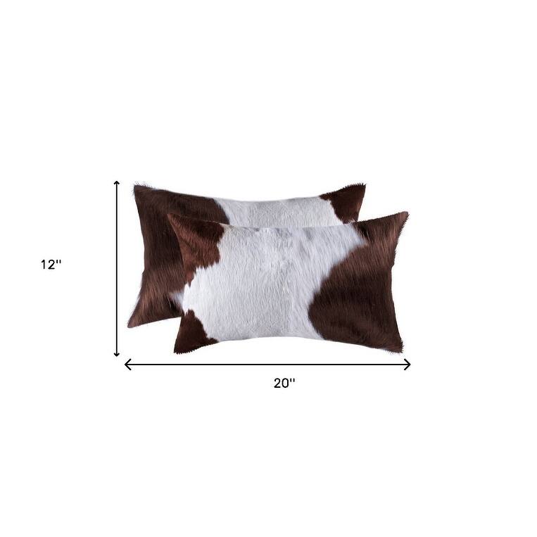 HomeRoots Set of Two 12" X 20" Brown and White Genuine Cowhide Throw Pillows