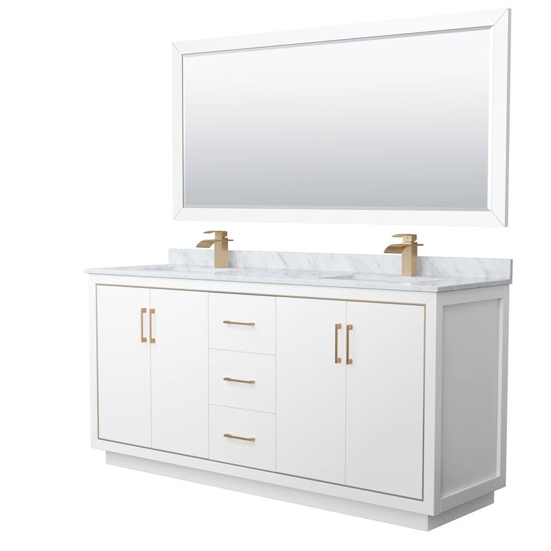 Icon Double Vanity Set, White Carrara Marble Top, 70-Inch Mirror - White, Bronze Trim, White Carrara Marble Top
