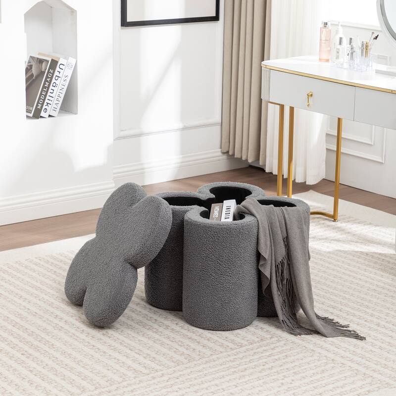 SEYNAR Modern Glam Teddy Velvet Flower Shape Storage Ottoman