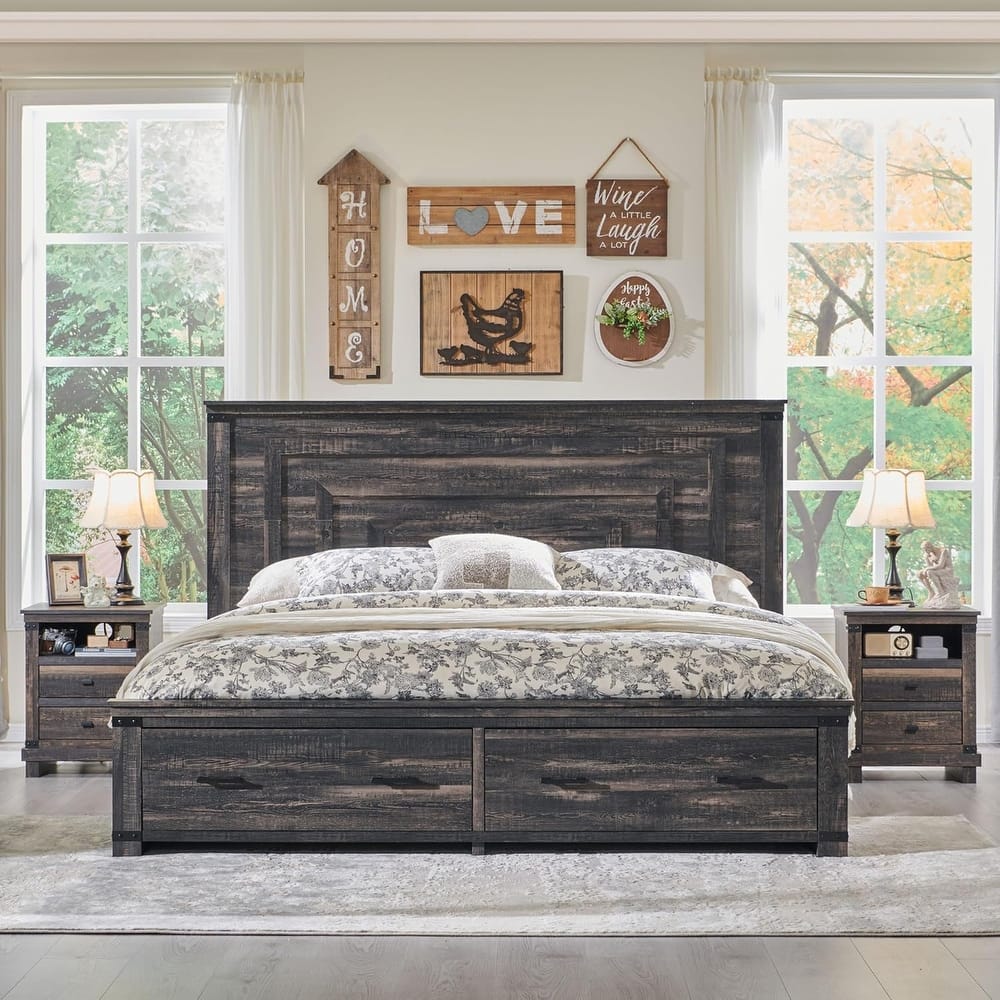 Farmhouse Wood Bed Frame with 54" Tall Headboard, 2 Large Drawers