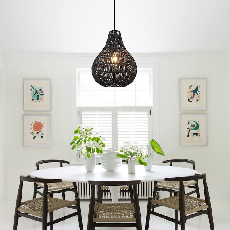 60 -Watt 1-Light Black Shaded Pendant Light with Rattan Gourd Shade, Classic Semi Flush Mount Chandelier for Dining Room