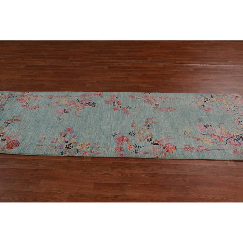 Hand Knotted Oriental 100% Wool Carpet Traditional All-Over Navy Blue & Blues Art Deco Runner Rug - 8' 1'' X 2' 8''