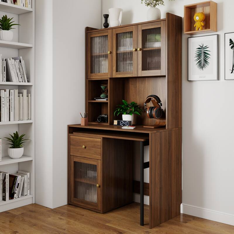 Computer Desk With Glass Door For Home Office Or Study Desk,Bookshelf & Hutch,Computer Desk With 90 Degree Rotating Desktop