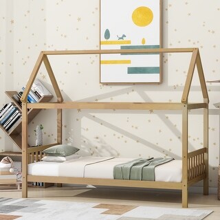 Twin House Bed Frame with Headboard, Rubber Wood Construction, White Oak, 79 x 41 inches