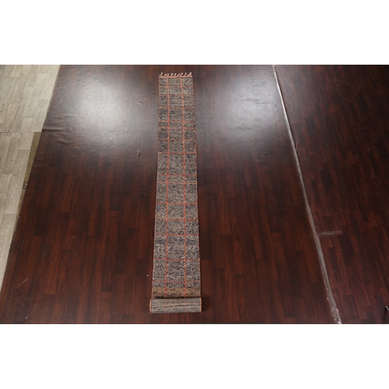 Geometric Checkered Moroccan Oriental Runner Rug Handmade Wool Carpet - 1'10" x 17'3"